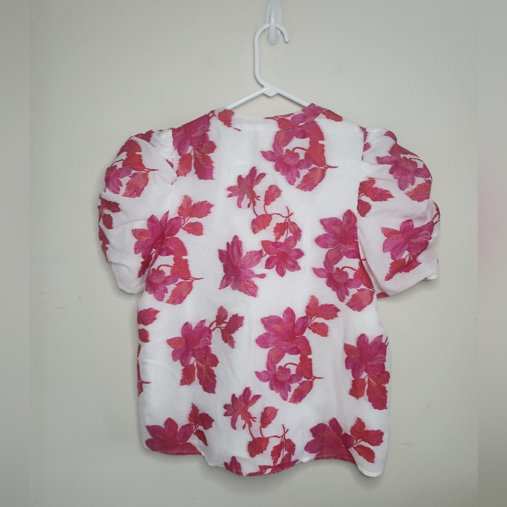 entro White Floral Puff Sleeve Blouse with Pink and Coral Flowers Medium - Picture 4 of 10